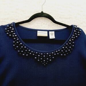 Blouse Size 1X Navy Pearl Beaded Office Siren Quiet Luxury Casual Chic Romantic